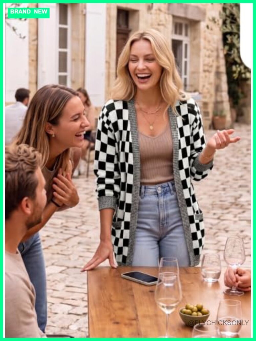 Open Front Checkered Cardigan Chunky Knit Women's Fall Sweater - Picture 3 of 6